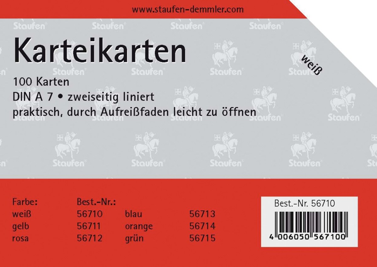 Staufen Karteikarten A7 liniert 180g/qm weiß VE=40x100 Stück Image