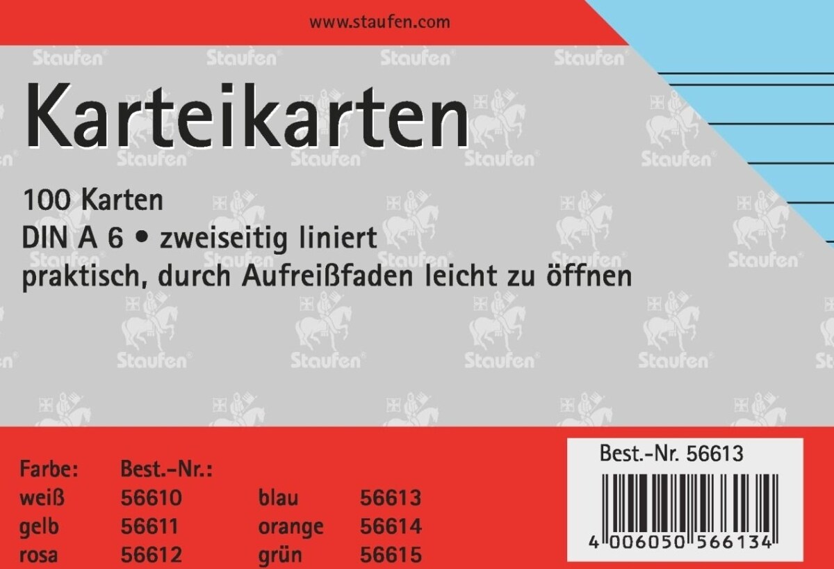 Staufen Karteikarten A6 liniert 180g/qm blau VE=20x100 Stück Image