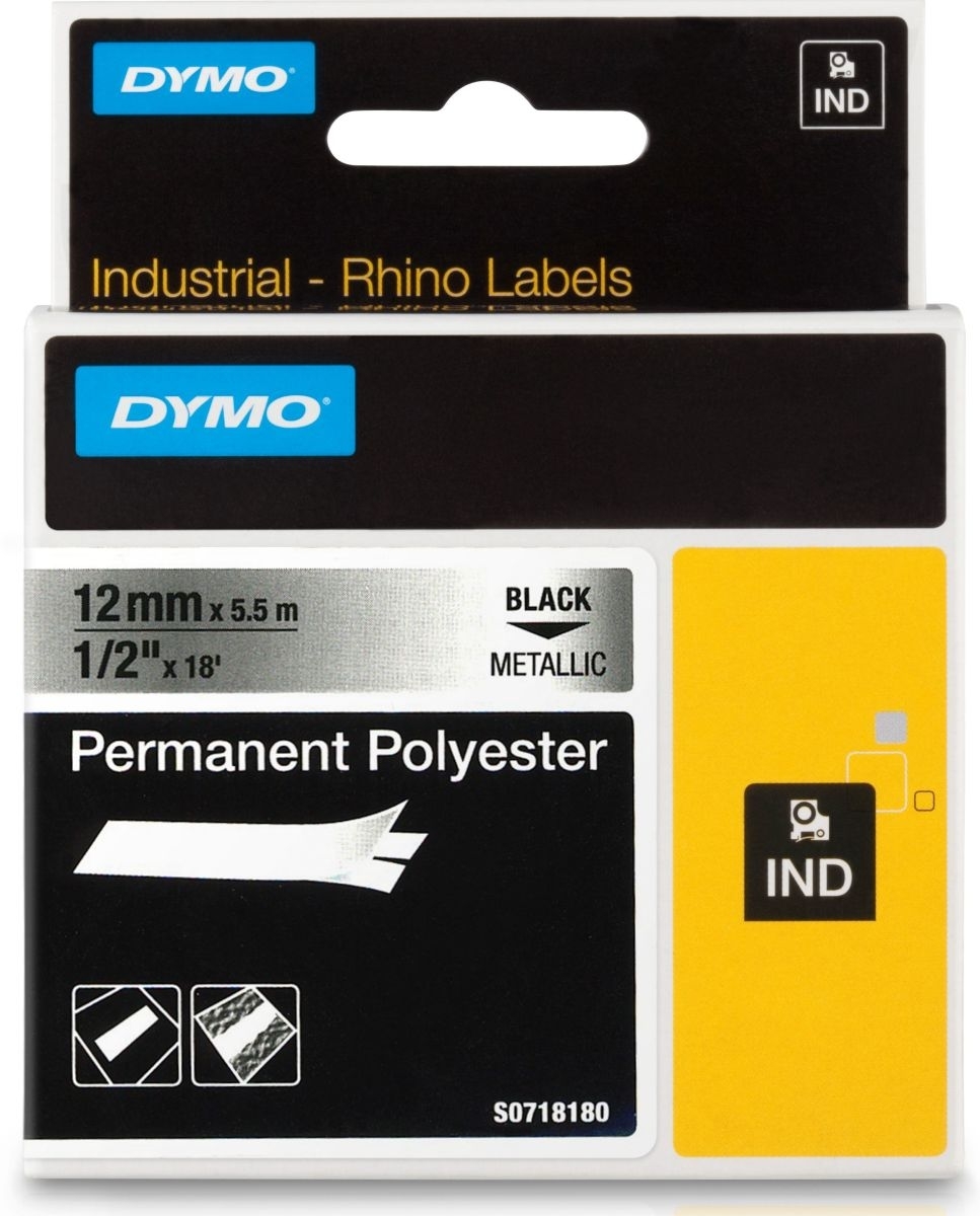 DYMO Schriftbandkassette permanent Polyester 5,5mx12mm schwarz/metallic Packung mit 5 Stück Image