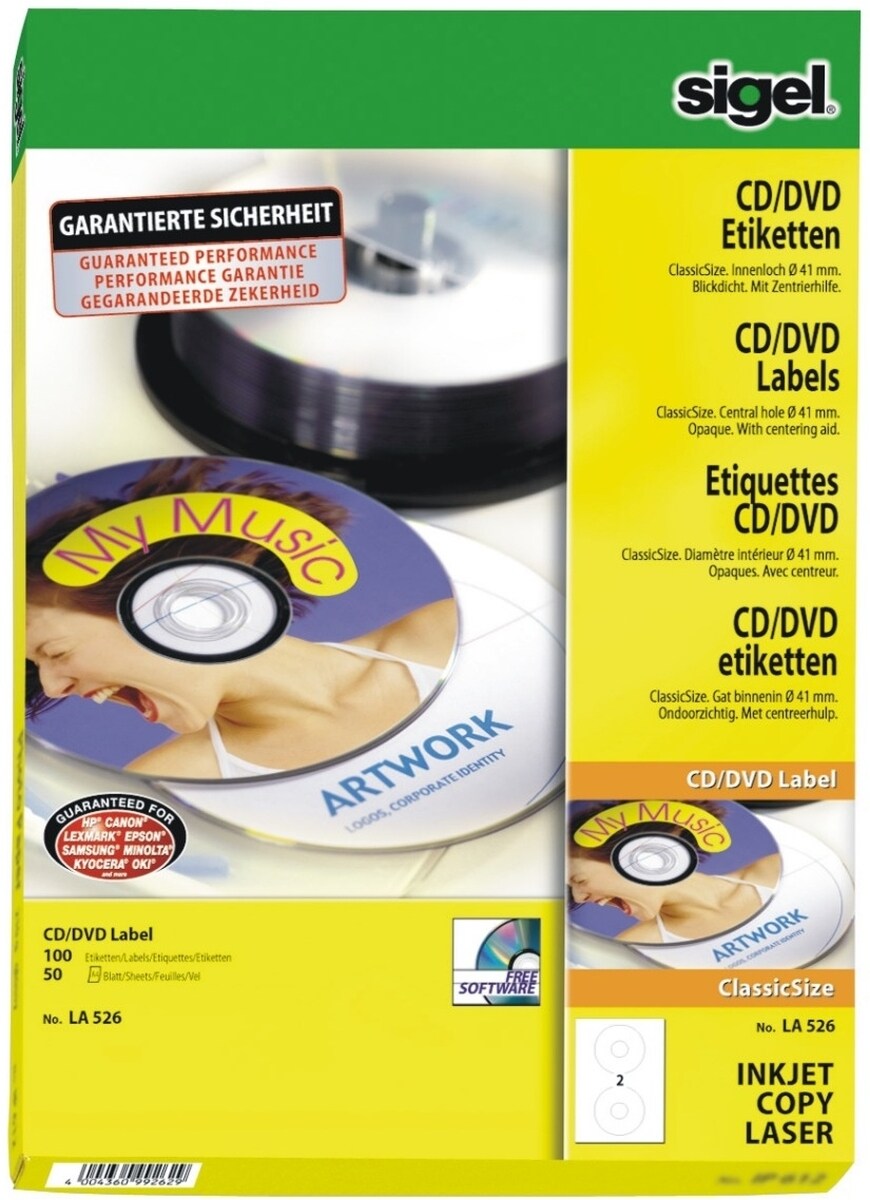 Sigel CD-/DVD-Etiketten Inkjet/Laser Kopier 117mm VE=10x50 Stück (25 Blatt) weiß Image