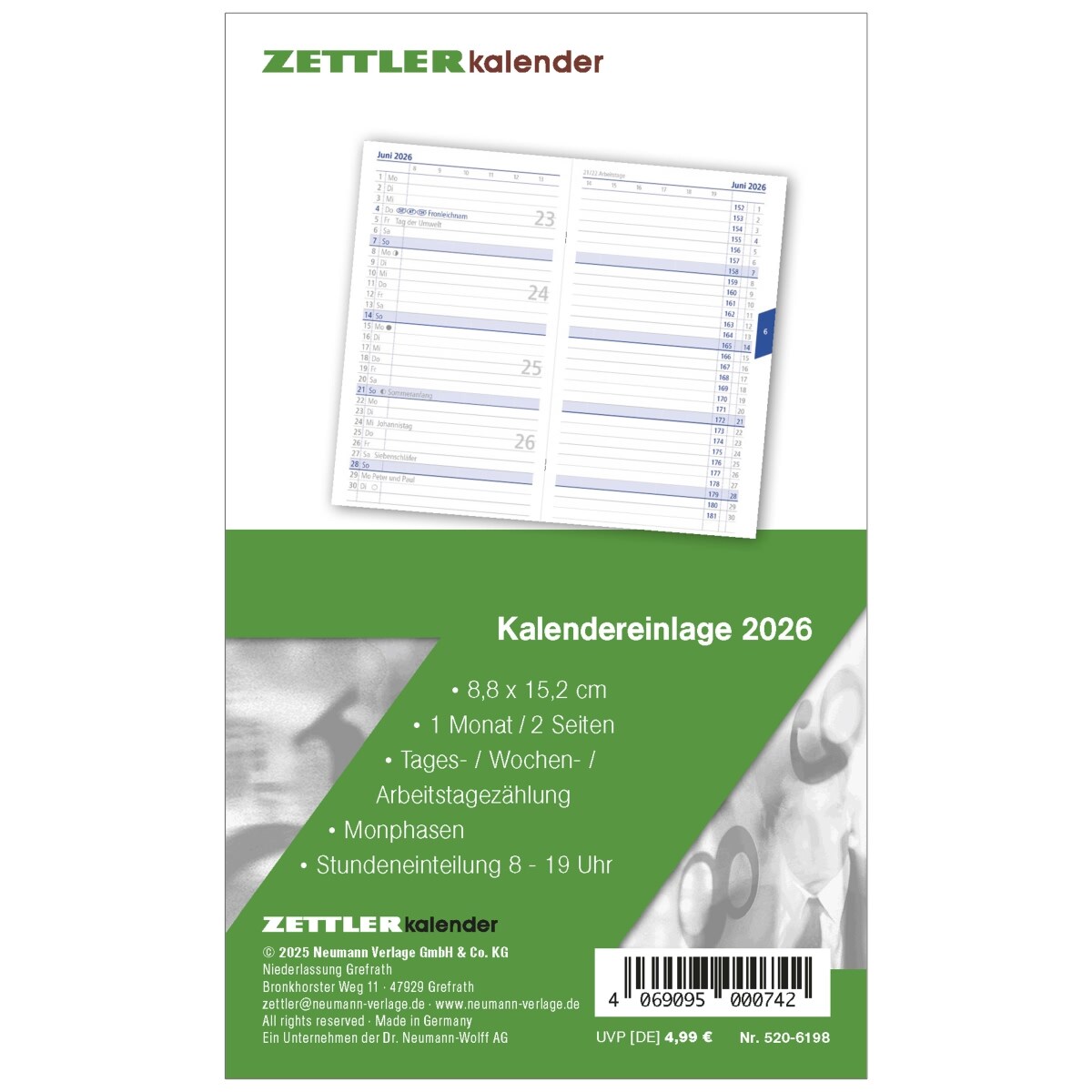 ZETTLER Kalenderersatzeinlage 520 8,8x15,2cm für Taschenplaner 1 Monat/2 Seiten 2026 Image