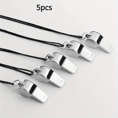 TEMU 5- Stainless Steel Whistles With Lanyards - Durable, Rust-resistant Metal For Basketball, Referee Training, And Outdoor Survival! Image