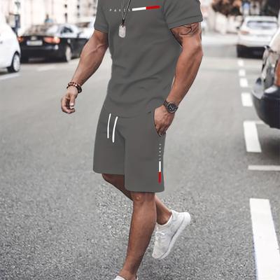 TEMU Men's Summer Casual Athletic Suit, 3d Print Round Neck T-shirt And Shorts, Slightly Elastic Knit Fabric, Polyester 90.00% And Spandex 10.00%, Breathable Outdoor Casual Suit Image