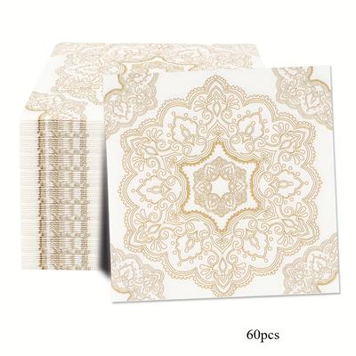 "TEMU 60pcs 2-ply Napkins, 13" Square White Disposable Paper Guest Towels With Golden Mandala Patterns For Parties, Weddings, Birthdays, And Graduations" Image