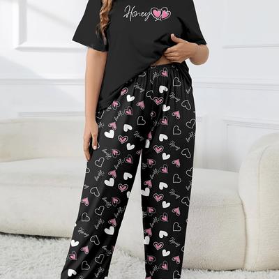 TEMU Women's Plus Size Comfortable Pajama Set, Polyester Fabric With Stretch, Round Neck Short Sleeve Top And Bow Detail Pants, Letter Print, Suitable For Spring/summer Casual Sleepwear Image