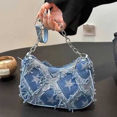 TEMU Chic Denim Underarm Shoulder Bag For Women - Blue Distressed Tote With Star Pattern, Zip Closure, Detachable Strap Image