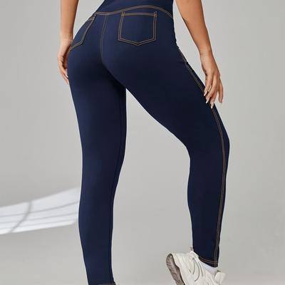 TEMU Plus Size Women's High-waisted Stretchy Leggings - Solid Color With Contrast Side Stripes, Breathable Fabric, For Gym, Outdoor & Casual Attire, High Waisted Leggings Image