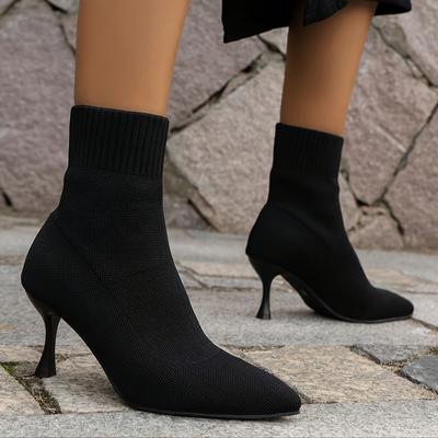 TEMU Women's Casual Western Boots, Solid Color Slip-on Stiletto Heel With Pointed Toe, Fabric Upper Inner & , High Heel Fashion Short Booties Image