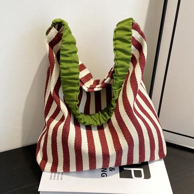 TEMU Large Capacity Striped Tote Bag - Stylish Vertical Stripes, Spacious Shoulder Bag With Detail, Casual , Commuting, Or Shopping, Shopping Bag | Urban Style Tote | Polyester Linin Image