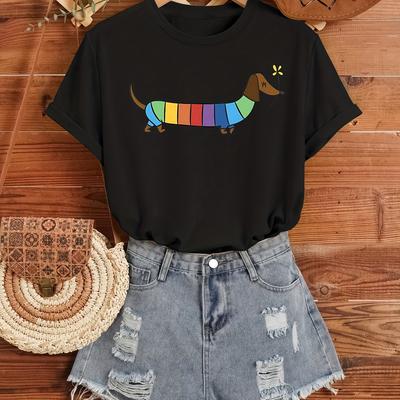 TEMU Women's Casual Rainbow Dachshund Graphic T-shirt - Short Sleeve Round Neck Stretchy Tee For Spring Summer Fall, Machine Washable Everyday , Seasonal , Design, Nontransparent Material Image