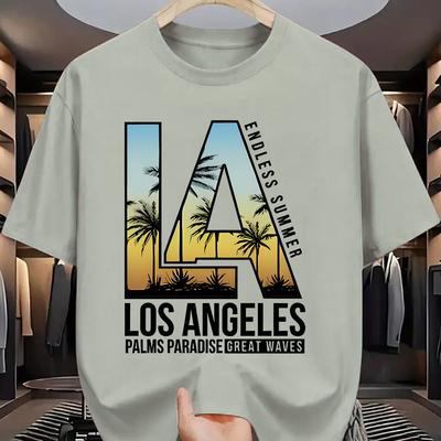 TEMU Men's Los Angeles Summer Graphic T-shirt - Casual Palm Tree & Great Waves Print, Lightweight Polyester, Round Neck, Short Sleeve, Machine Washable Image