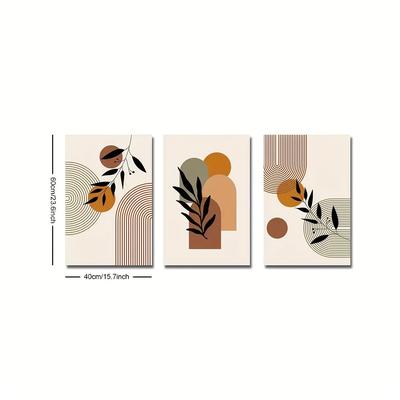 TEMU 3pcs Bohemian Minimalist Art Deco Canvas Wall Art Set, Geometric Abstract Leaf Pattern Ink Prints, Indoor Orientation Posters For Living Room, Bedroom, Home Office Decor Image
