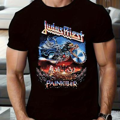 TEMU Men's Graphic Tshirt Black Cotton Casual Tee With Rock , Comfortable Round Neck, Perfect Gift For Music Fans, Apparel| Rock Band Tee| Machine Washable, Band T Shirts Image