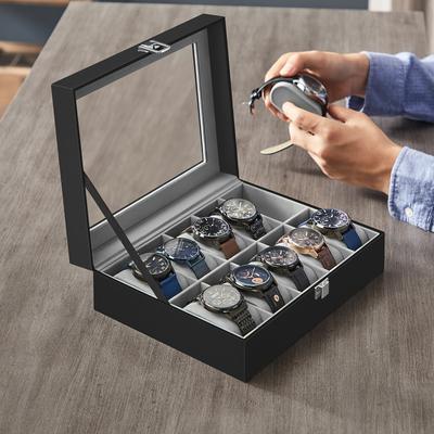 TEMU Songmics Watch Box With 10 Slots, Watch Case With Glass Lid, Watch Display Box With Removable Watch Pillows, Metal Clasp, Gift Idea, Black Synthetic Leather, Grey Jwb010bk Image