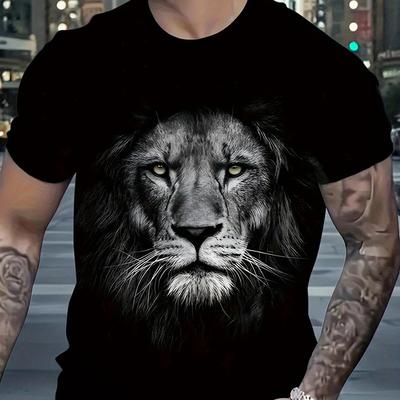 TEMU Men's Lion Graphic T-shirt - 100% Cotton, Short Sleeve, Crew Neck In Black With White Lion Face Print - Casual & Comfortable For All Image