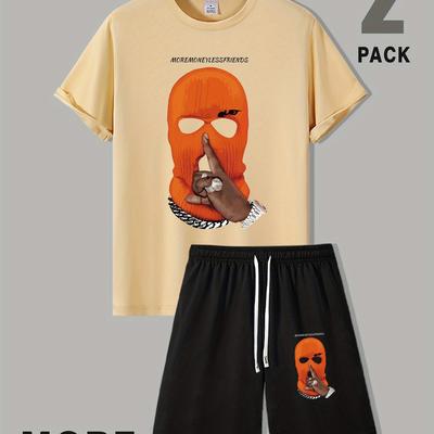 TEMU Men's New Stylish And Mask Letter Print Two-piece Casual And Comfortable Outfit, Featuring A Short-sleeve And Shorts Set, A Cool, , And Comfortable Summer Wear. Image