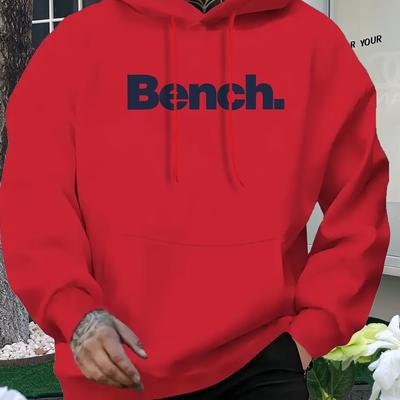 TEMU Men's Casual Hooded Sweatshirt With 'bench' Graphic Print - Vibrant Red, Regular Fit, Machine Washable, 18-40, Sweater Hoodie Image