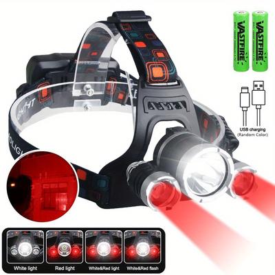 TEMU Usb Led Rechargeable Lamp Head Flash Light, 3 White And Hunting Headlamps, 5000 Tactical Flashlight Red Light Head Lamp For Running Camping Hiking Fishing Image