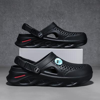 TEMU Men's Slip-on Clogs - Comfortable Breathable Eva Sandals For Outdoor, , Black With Blue Accent, Round Toe, Lightweight And Stylish Design Image
