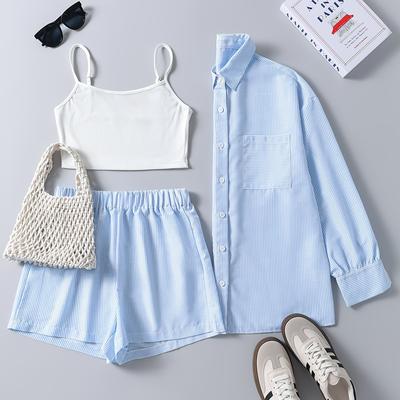 TEMU Blue And White Striped Shirt, Vest And Shorts Set 3pcs/set Image