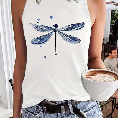 TEMU Women's Dragonfly Graphic Tank Top - Sleeveless, Stretchy Polyester Blend, Casual Summer & Spring Wear, Machine Washable, White With Blue Print Image