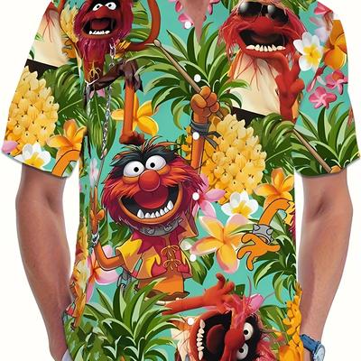 TEMU Men's Retro Animal Print Button-up Shirt - Short Sleeve, Polyester, Vintage Sports Design, Casual Or Sporty, Summer Fashion | Graphic Print Short Sleeve Shirt Image