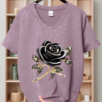 TEMU Women's Casual V-neck T-shirt With Black Rose & Print - Soft Pink, Short Sleeve, Round Neck, Lightweight Fabric For Spring/summer, Casual Wear Tee | Floral Print Top | , Ladies T Shirts Image