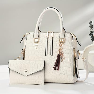 TEMU Chrosgekeidi Elegant Black Tote Bag For Women - Chic Versatile Shoulder & Crossbody Bag With Detachable Pouch, Zipper Closure, And Polyester Lining, Casual Or Formal Occasions Image