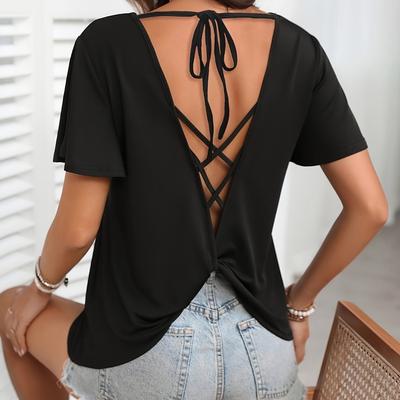 TEMU Women's Elegant Backless V-neck Short Sleeve T-shirt - Stretchy Polyester Blend, Solid Black, Summer Casual Wear Image
