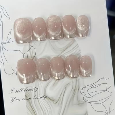 TEMU 10pcs Of Handmade Short Nails - Nude Pink Cat Eye, Silvery Mirror Powder French Tips, , Removable. Image