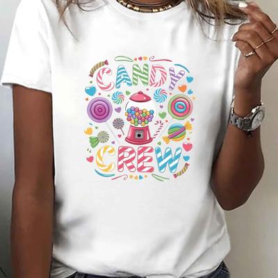 TEMU Candy Crew Colorful T Shirt T-shirt, Short Sleeve Crew Neck Casual Top For Summer & Spring, Women's Clothing Image