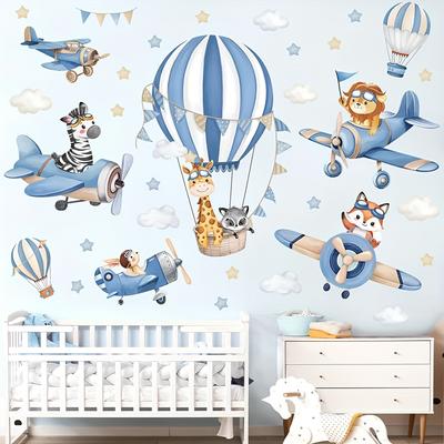 TEMU Air Balloon Animals Airplane Wall Sticker Baby Nursery Kids Room Giraffe Lion Fox Wall Decal Bedroom Living Room Image