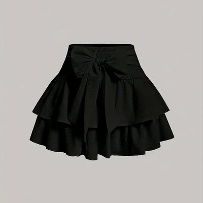 TEMU Women's Layered Mini Skirt With Front Bow Detail - Elastic Waist Belt, Silhouette, Machine Washable Lightweight Spring/summer Casual To Dressy Skirt, | Flared Silhouette | Elegant Texture Image