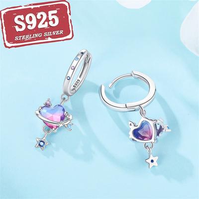 TEMU 1pair 925 Silver Colorful Love Satellite Earrings Hypoallergenic Earrings Jewelry For Women Image