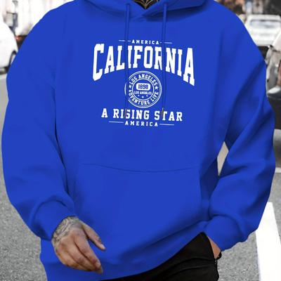 "TEMU Men's Royal Blue California Letter Print Hoodie - Casual Pullover With Drawstring, Comfortable Long Sleeve Sweatshirt For Fall/winter, "a In America" Design, Fleece Lined Hoodie" Image