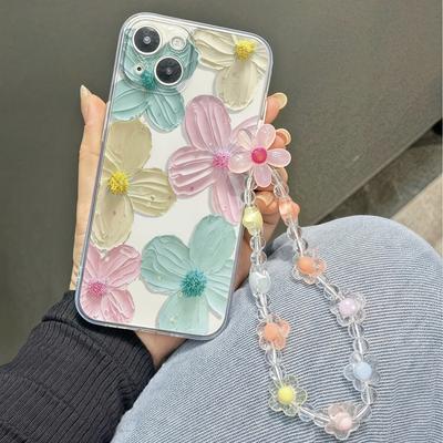 TEMU Simple Transparent Creative Flower Pattern Mobile Phone Case With Lanyard For Iphone 16 15 14 11 Pro Max Plus Xs Xr X 8 7 Image