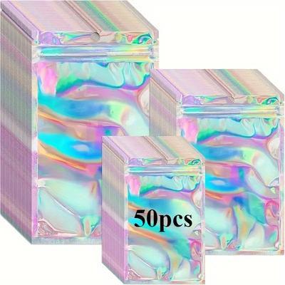 TEMU 50-pack Holographic Laser Storage Bags With Transparent Window, Sealed Pouches For Jewelry And Nail Art Packaging, Gift Wrapping Sealable Bags, Tool Organizer Bag Image