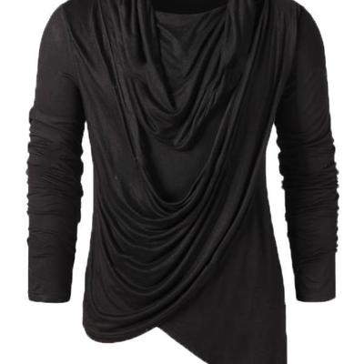 TEMU Men' Cowl Neck T-shirt - Relaxed Fit, Long Sleeve, Solid Color, Polyester Blend, Machine Washable, , Glossy Finish, Party Fashion Top | Sleek Cowl Neck | Ruched Detailing Image