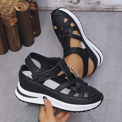 TEMU Women's Comfortable Thick-sole Sandals - Black Cover, Low Heel, Round Toe, Rubber Sole For Outdoor Wear, Ladies Sandals Image