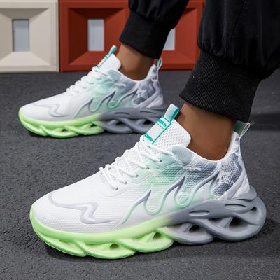 TEMU Men's Breathable Athletic Sneakers - Non-slip, Shock-absorbing Blade Sole, Stylish White & Teal Gradient Design, Comfortable Casual Shoes For Casual Attire Image