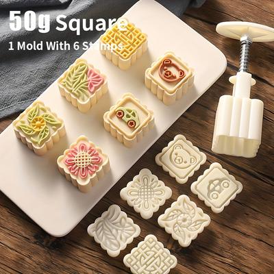 TEMU 7pcs Moon Cake Mold Set - Diy Hand Press Pastry Tool With 6 Stamps & Flower Patterns, Mid Baking Image