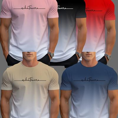 "TEMU 5pcs "whatever" Print Men's Gradient Crew Neck Short Sleeve T-shirts - Casual Summer Tops For Everyday & Vacation Wear, Casual Summer Wear | Gradient Print Tee |" Image