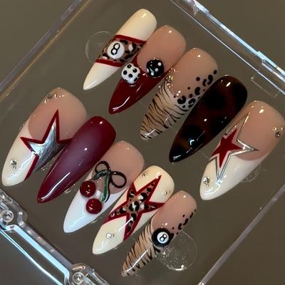 TEMU 10pcs Handmade Fashionable And Black Billiard Dice Bow Rhinestone Short Almond Fake Nails Set With Jelly Glue And Nail File Included, Perfect Gift For All S And Women Image