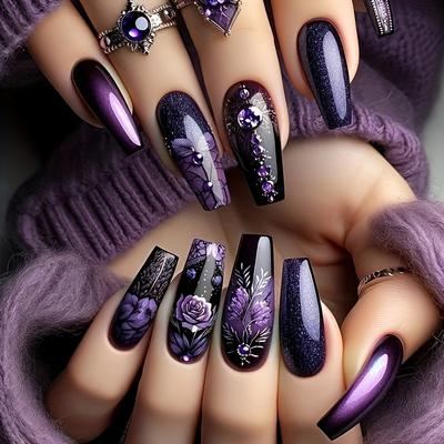 TEMU 24pcs Long Press-on Nails With Floral & Leaf Design - Glitter Fake Nails For Women, Elegant Party Wedding Holiday Gift, Durable Reusable Artificial Nails Image