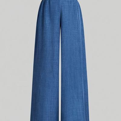 TEMU Women's Elastic Waist Wide Leg Pants Casual Outing Linen Blue Spring And Summer Trousers Image