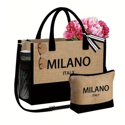 TEMU Italy 2pcs Set, Lightweight Handbag And Cosmetic Bag - Portable Travel Beach Shopping Bag, Suitable For Vacation, Travel, Wedding, Beach Outing, Festival, Gift For Image