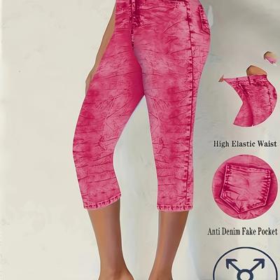 TEMU Women's Elegant Denim Print Capri Leggings - High Elastic Waist, Anti- Denim, Stretch, Spring/summer/fall, Adult Casual Wear, Spring Fashion | Print | Polyester Fabric Image