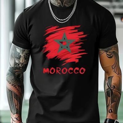 TEMU Morocco-inspired Men's T-shirt - Star Graphic, Casual Crew Neck, Short Sleeve, Lightweight Summer Tee For & Fitness Image