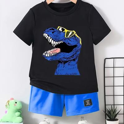 TEMU 1pc Boys' Cool Dinosaur Graphic T-shirt - Black Round Neck Short Sleeve Tee With & Glasses Design, Casual Summer Top For , Summer Clothing | Fun Fashion | Stretchable Fabric Image