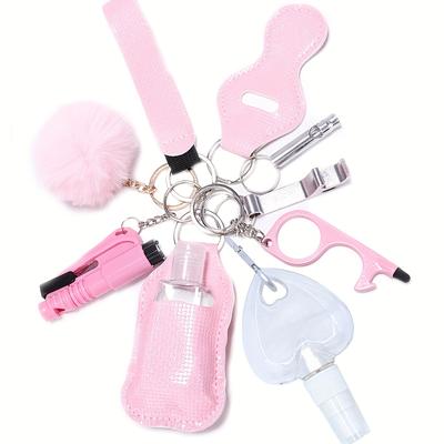 TEMU 10pcs Women's Set With Whistle, Window Breaker, And More - Durable Metal & Leather, Ideal For Self-defense & Day Gift, Accessories| Design|durable Keychai Image